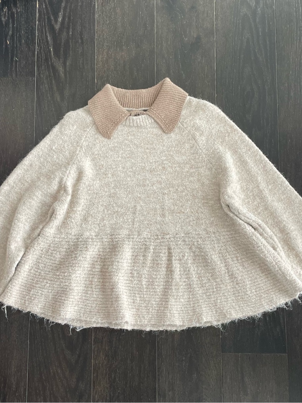 Halogen Cream Knit Peplum Sweater with Bell Sleeves and Collar